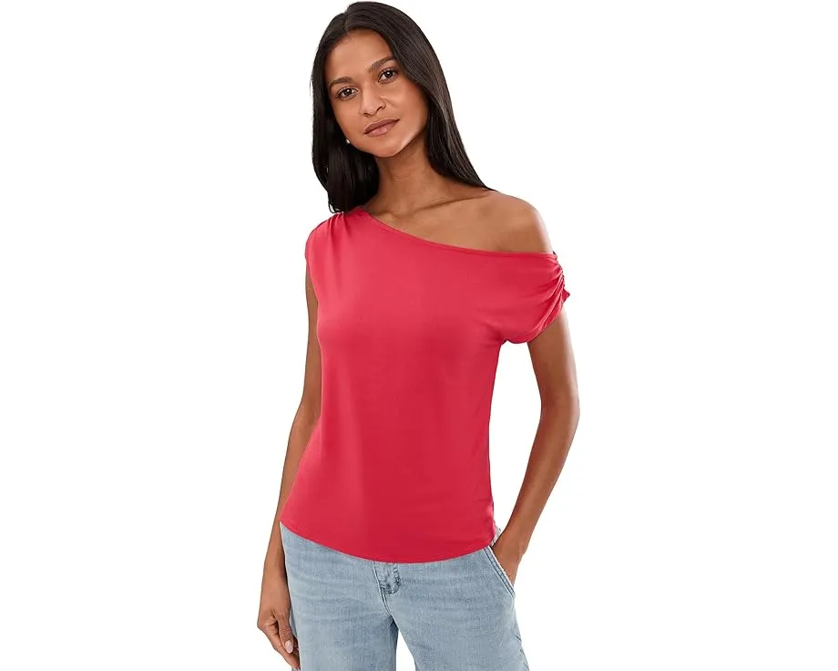 Petite Short Sleeve Asymmetric Off-Shoulder Knit Top