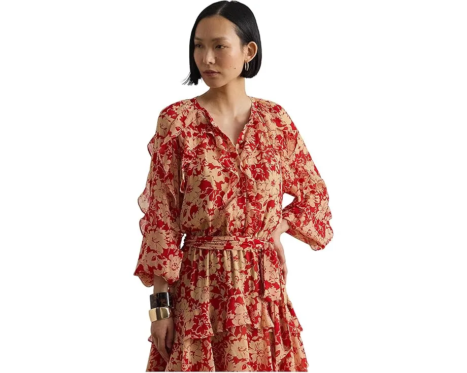 Платье Print Ruffle-Trim Georgette Tiered с рюшами и поясом Lauren Ralph Lauren