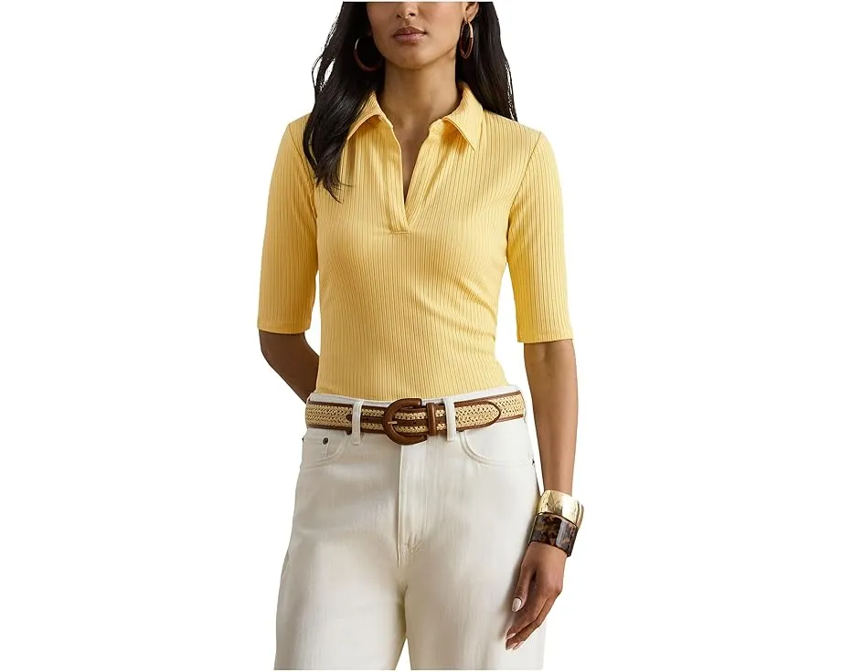 Rib-Knit Elbow-Sleeve Polo Tee