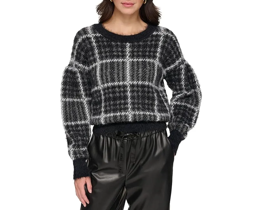 Свитер DKNY Long Sleeve Box Plaid с клеткой и круглой горловиной