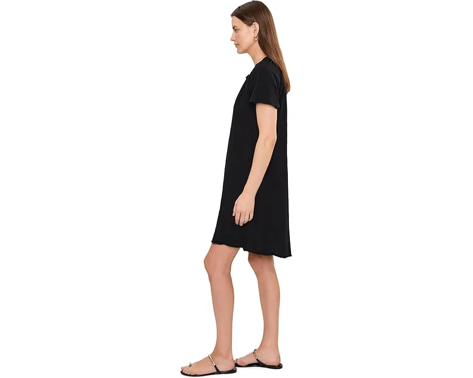Short Sleeve Shirred Split-Neck Dress