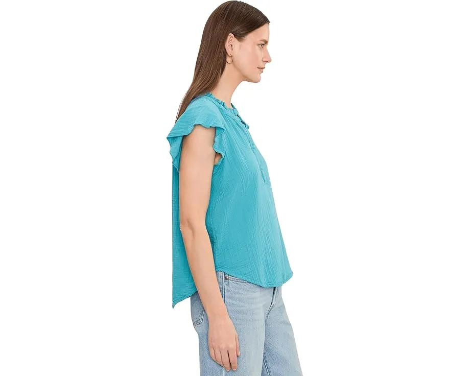 Gauze Flutter Cap Sleeve Ruffle Neck Henley Shirt