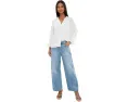 3/4 Sleeve Button Front Woven Top With Embroidery