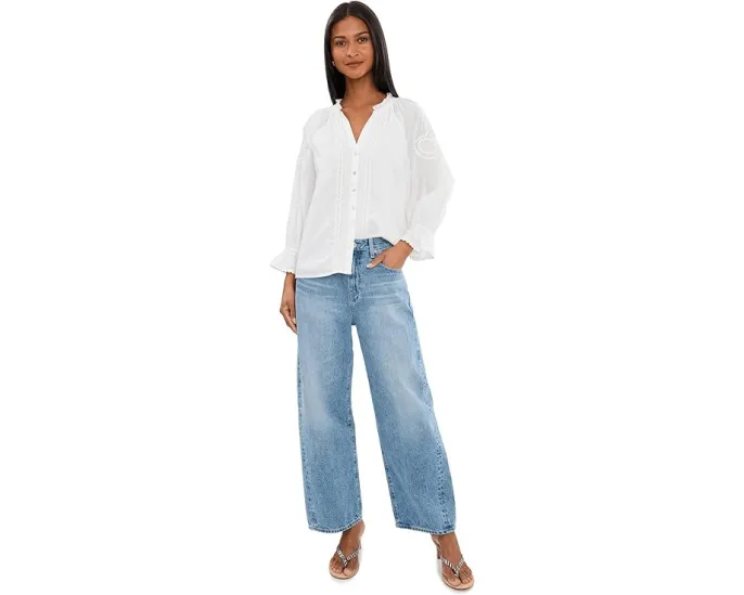 3/4 Sleeve Button Front Woven Top With Embroidery