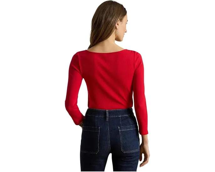 Футболка Lauren Ralph Lauren Petite из хлопкового рибаны с лодочкой и вышитым логотипом