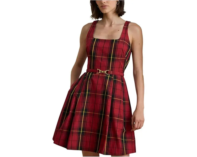 Коктейльное платье с поясом и плиссированной юбкой из тафты в клетку Lauren Ralph Lauren