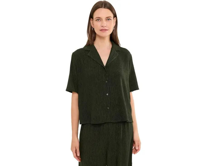 Рубашка Eileen Fisher Woven Plisse с отложным воротником Зеленая