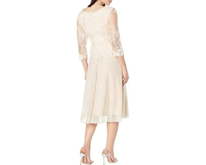 Платье Alex Evenings чайной длины с вышивкой и рукавами иллюзион на пышной юбке с фестончатым краем