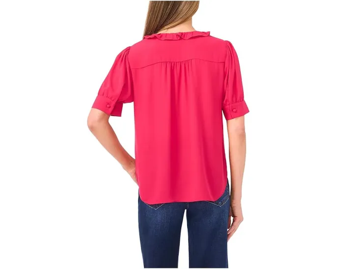 Блуза CeCe с короткими рукавами-фонариками на пуговицах и рюшами