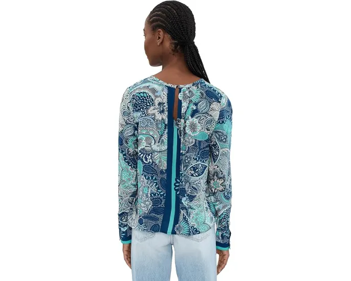 Petite Long Sleeve Woven Top w/ Keyhole Neckline