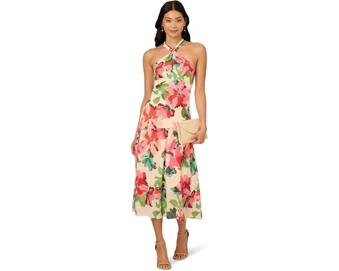 Платье Adrianna Papell миди с бретелью-хомут и воланами