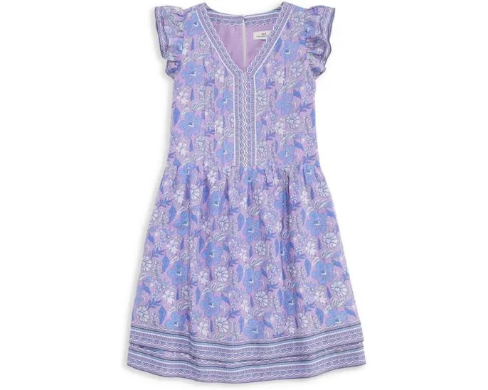 Платье Vineyard Vines Kids Flutter Pintuck с V-образным вырезом и короткими рукавами-фонариками