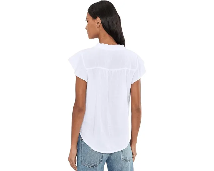 Gauze Flutter Cap Sleeve Ruffle Neck Henley Shirt