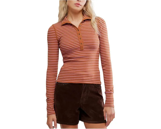 Хенли Free People Lake в полоску с широким воротником и планкой на пуговицах