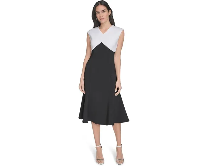 Платье Calvin Klein Scuba Color Block трапеция с V-образным вырезом и короткими рукавами
