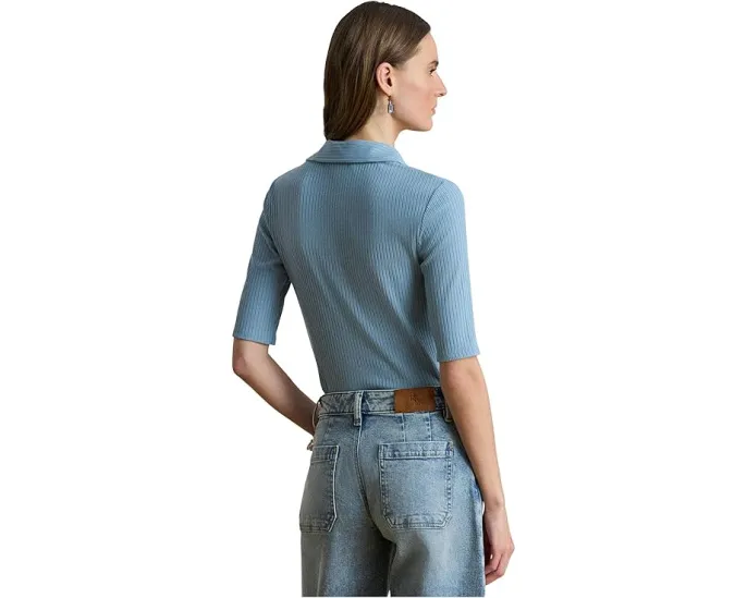 Вязаное поло с рукавом три четверти и ребристой текстурой от Lauren Ralph Lauren синее
