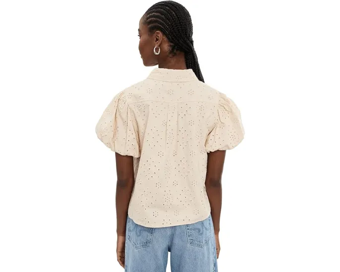 Collared Eyelet Embroidery Bubble Sleeve Top