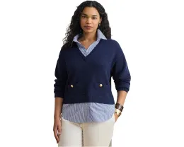 Свитер Plus Size Layered Button-Trim Cotton с воротником в полоску Lauren Ralph Lauren