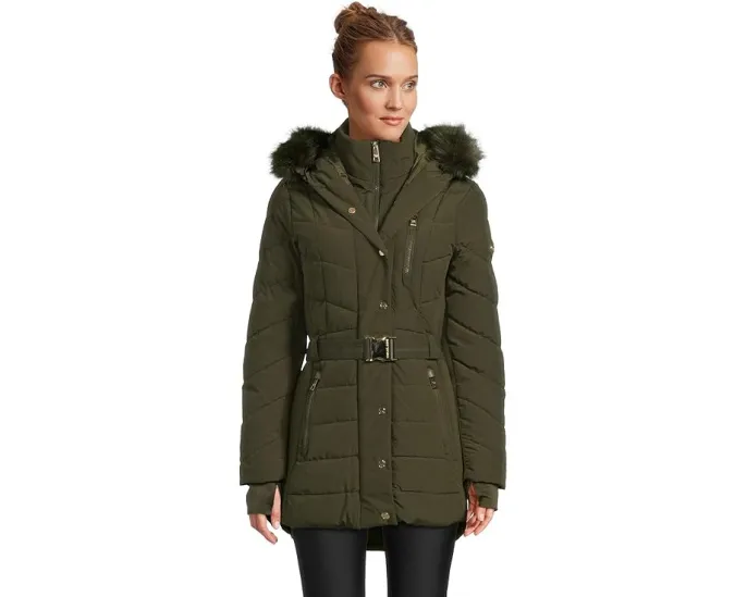 Куртка Chevron с поясом и искусственным мехом от MICHAEL Michael Kors