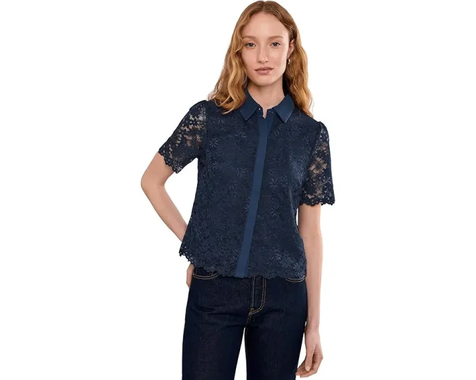 Lace Short Sleeves Hidden Placket Shirt