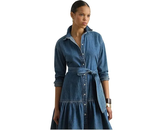 Джинсовое платье-рубашка Belted Denim Tiered с поясом Lauren Ralph Lauren