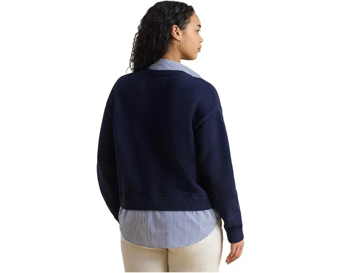 Свитер Plus Size Layered Button-Trim Cotton с воротником в полоску Lauren Ralph Lauren