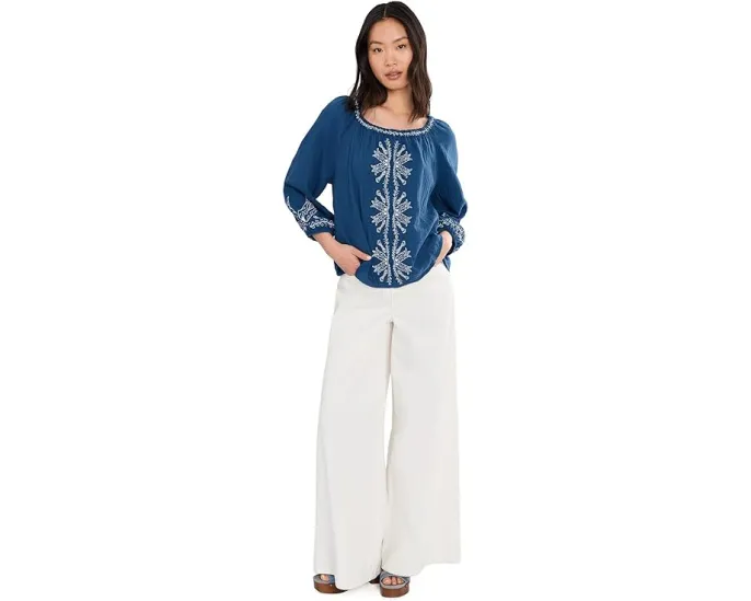 Petite 3/4 Sleeve Woven Top with Embroidery