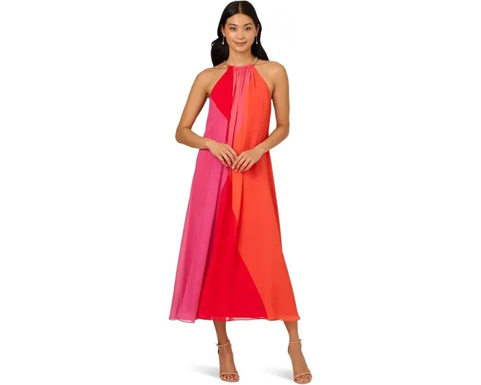 Платье Adrianna Papell из шифона с цветными блоками и цепочкой