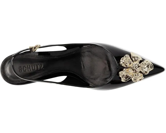 Туфли Schutz Flora Mid на низком каблуке с золотистым цветком и ремешком