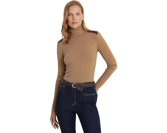 Водолазка Lauren Ralph Lauren Petite с отделкой из искусственной кожи и ребристым узором