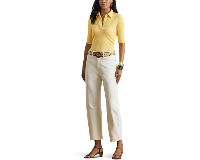 Rib-Knit Elbow-Sleeve Polo Tee