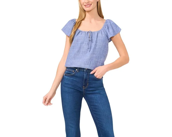 Блузка CeCe с запахом и рукавами фонариками из смеси льна