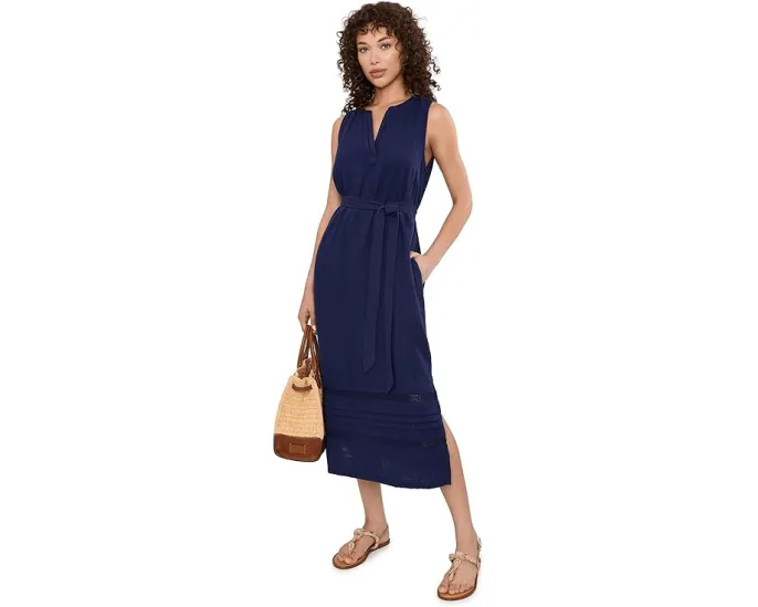 Tommy Bahama сарафан Gauze Sleeveless Midi из хлопка с поясом и боковыми карманами