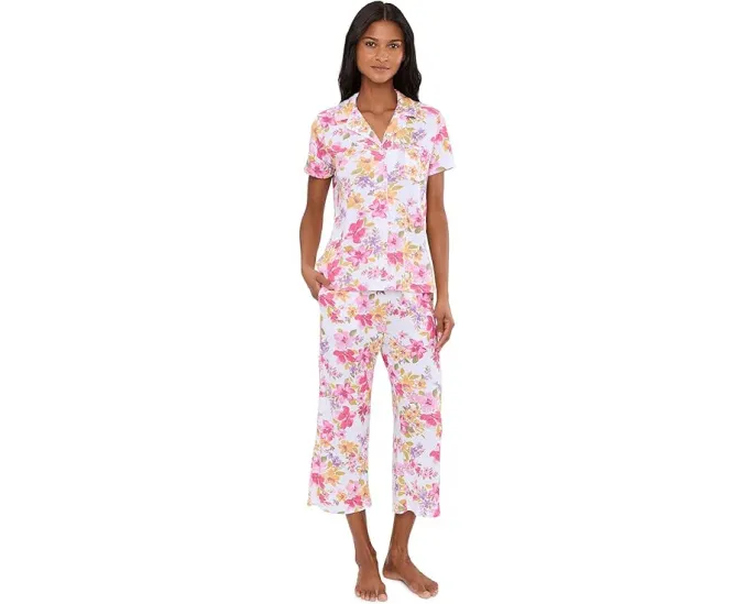 Petite Short Sleeve Notch Top & Capri Pajama Set