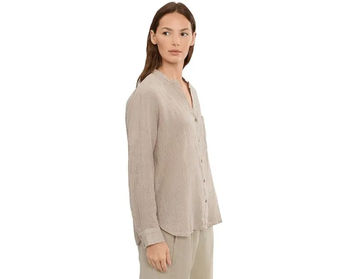 Puckered Organic Linen Stripe Mandarin Collar Shirt