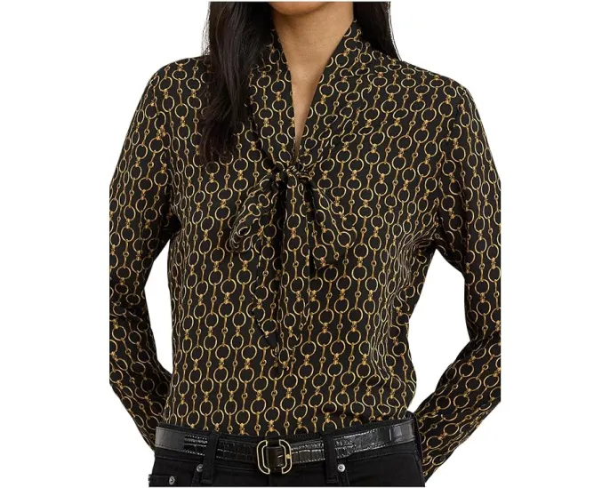 Chain-Print Crepe Tie Neck Blouse