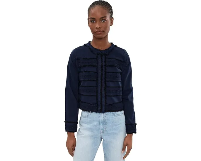 Petite Soft Touch Twill Collarless Jacket With Fray & Lace