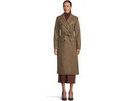 Тренч из искусственной кожи с поясом и двубортной застежкой