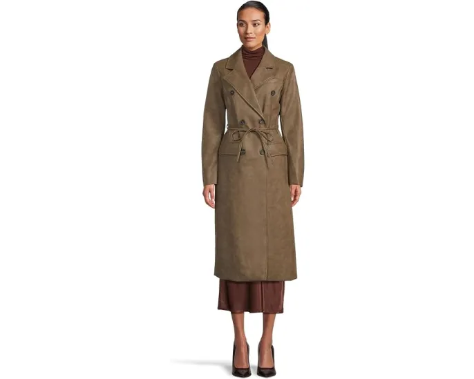 Тренч из искусственной кожи с поясом и двубортной застежкой