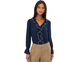 Блуза CeCe с длинным рукавом V-образным вырезом и рюшами контрастного цвета