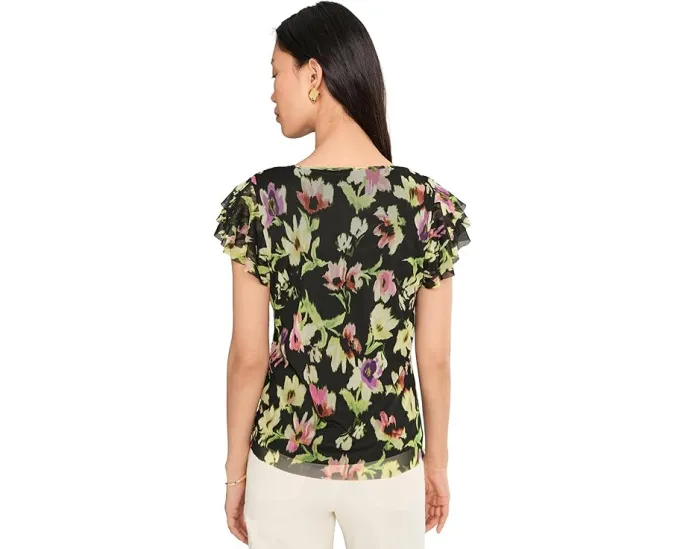 Топ с коротким рукавом и тремя слоями рюш в цветочный принт Vince Camuto