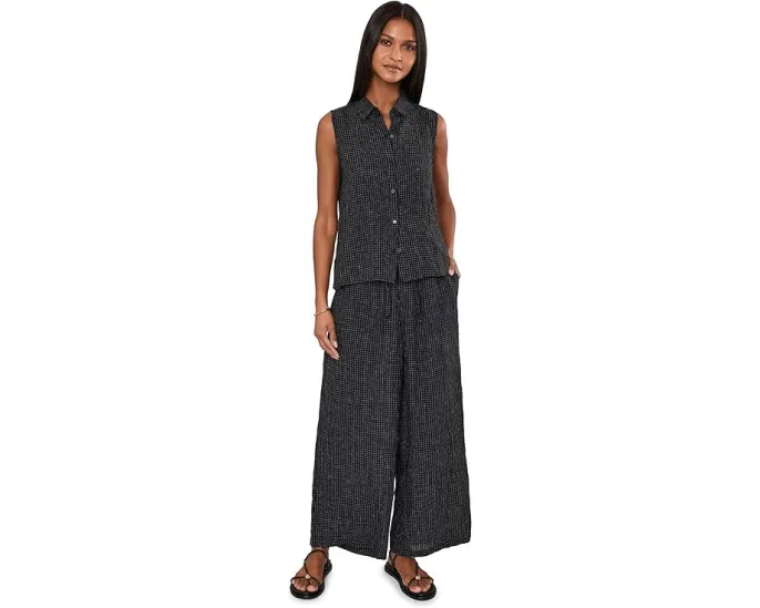 Puckered Organic Linen Grid Wide Ankle Pants