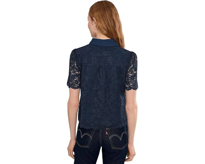 Lace Short Sleeves Hidden Placket Shirt