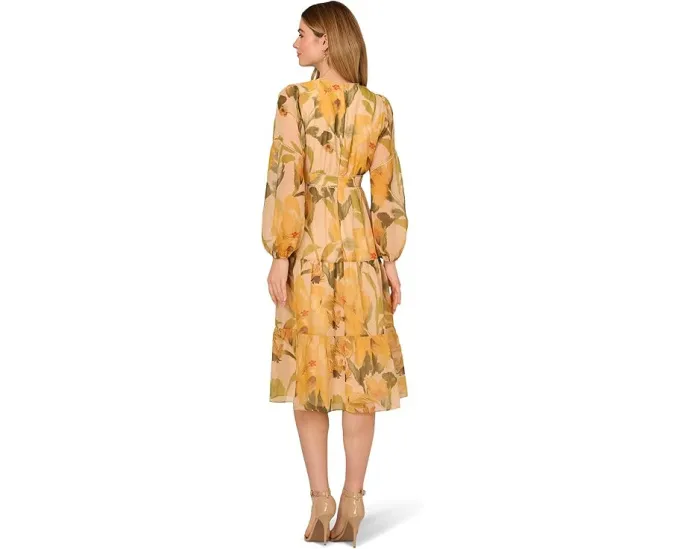 Adrianna Papell платье миди из органзы с цветочным принтом и длинными рукавами