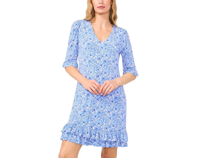 Платье CeCe с V-образным вырезом и рюшами по подолу из трикотажа