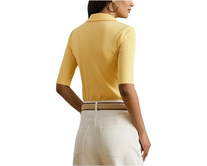 Rib-Knit Elbow-Sleeve Polo Tee