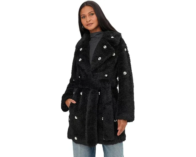Пальто из искусственного меха с поясом и декором Embellished Faux Fur Belted Coat от Avec Les Filles