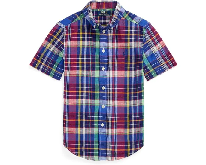 Polo Ralph Lauren Kids Клетчатая льняная рубашка с коротким рукавом для больших детей