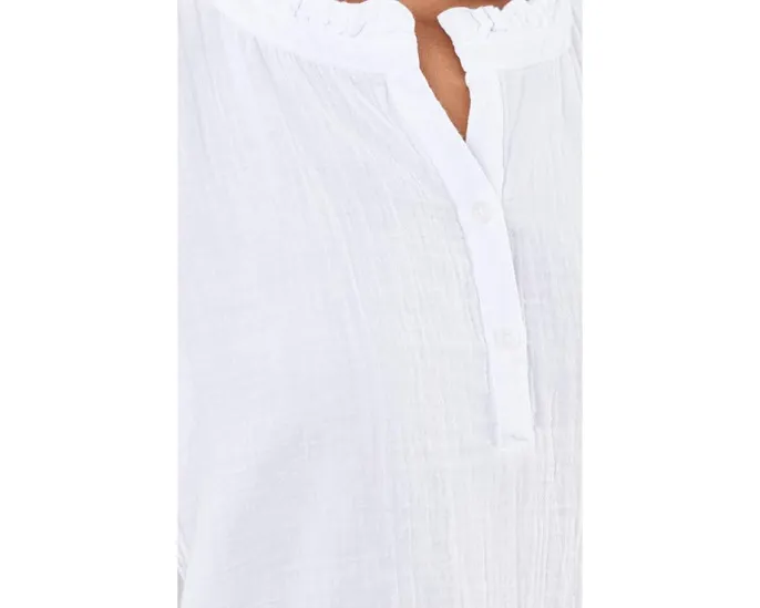 Gauze Flutter Cap Sleeve Ruffle Neck Henley Shirt
