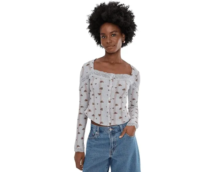 Кардиган Let's Party Cardi-Print с кружевной отделкой и квадратным вырезом Free People